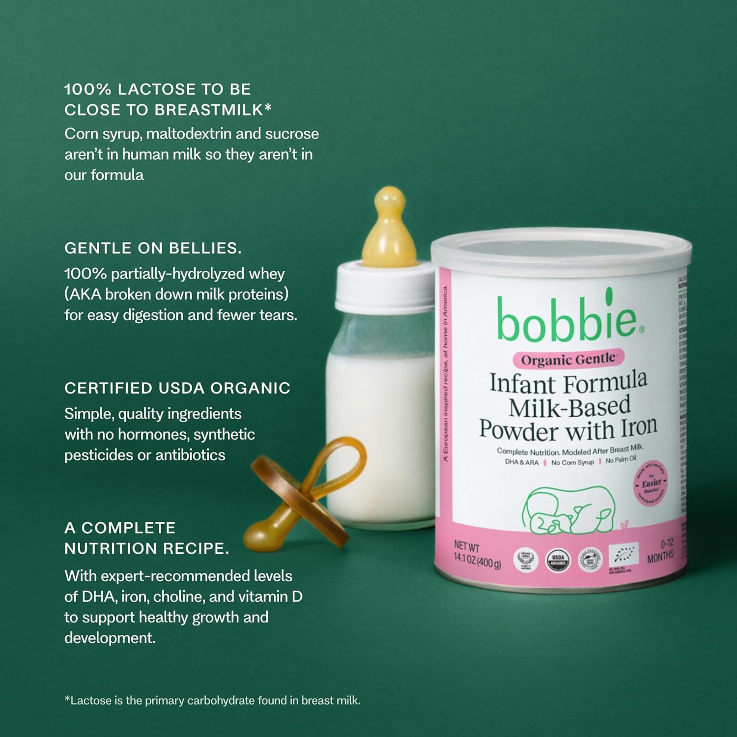 Bobbie organic gentle infant formula can highlights lactose-based nutrition for babies