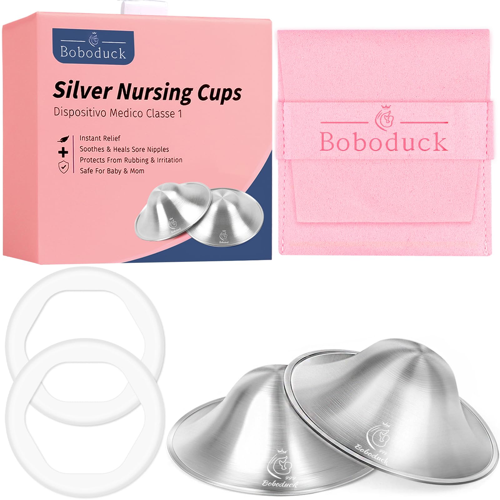 Boboduck silver nursing cups edge close-up, showcasing smooth contours for discreet wear.