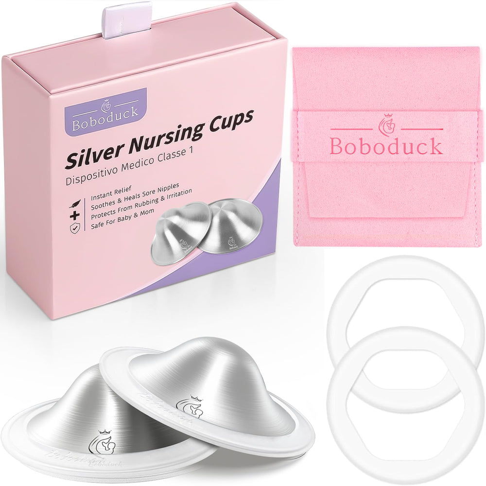 Boboduck original silver nursing cups front view for discreet breastfeeding comfort