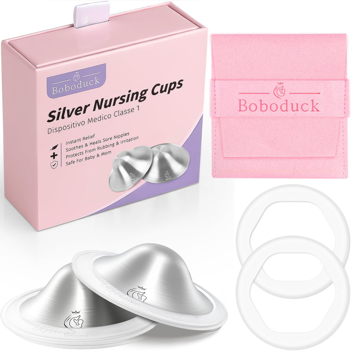 Boboduck original silver nursing cups front view for discreet breastfeeding comfort