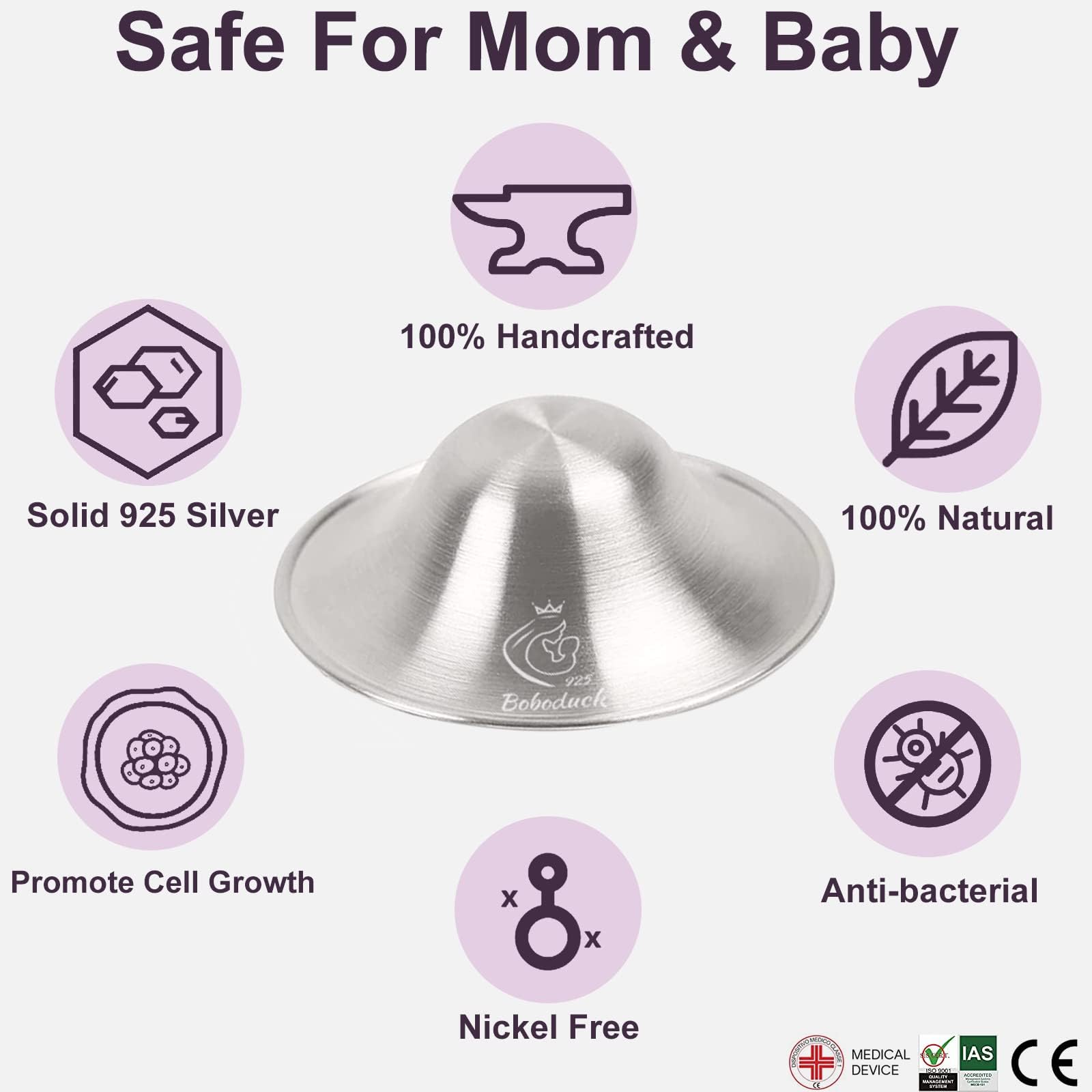 Boboduck Original Silver Nursing Cups in use with nursing bra show secure fit