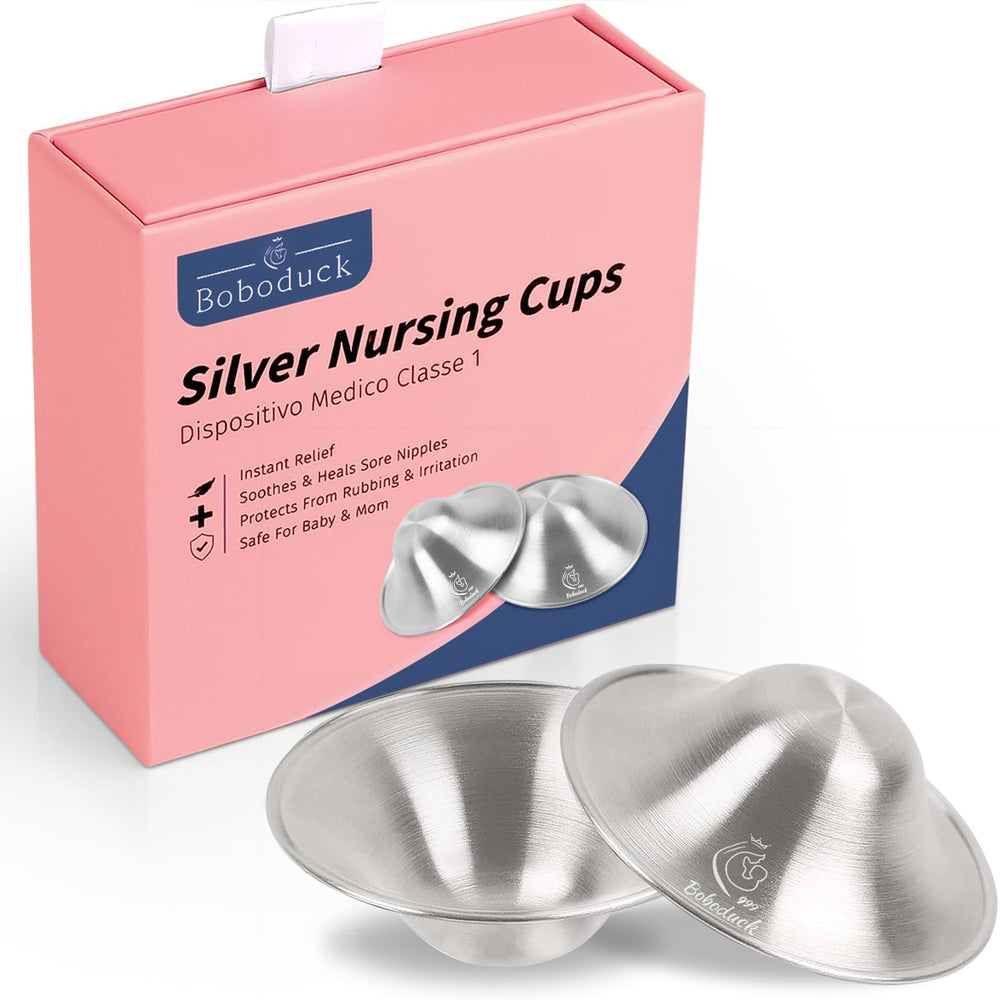 Boboduck Original Silver Nursing Cups shown in packaging for easy gifting.