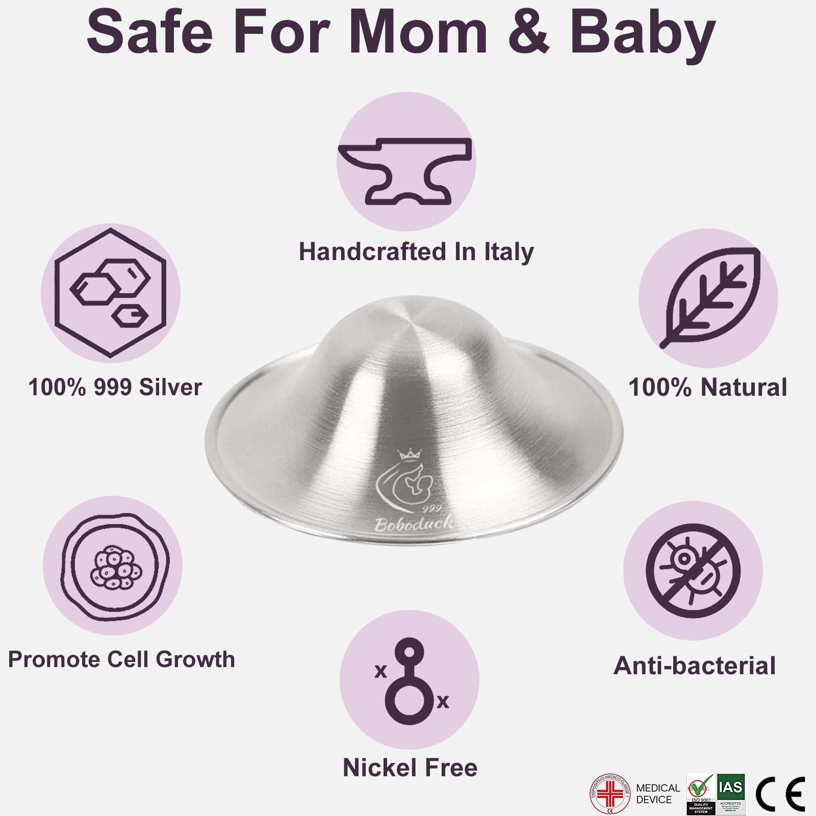 Boboduck silver nursing cups over nipple help reduce friction for comfortable feeds.