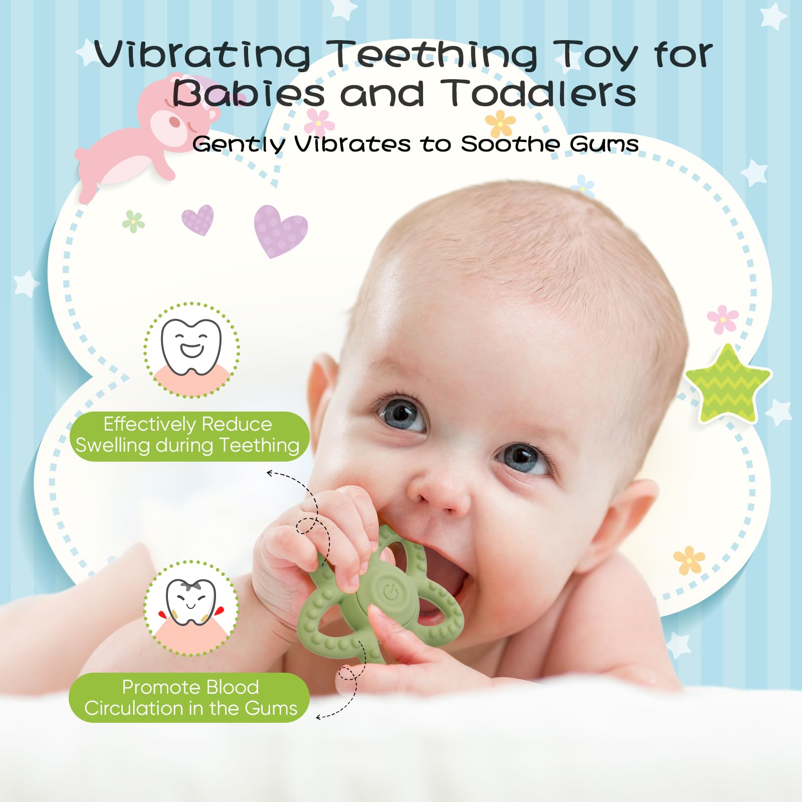 BOBOKA green silicone teether detail highlights safe material and chewing relief.