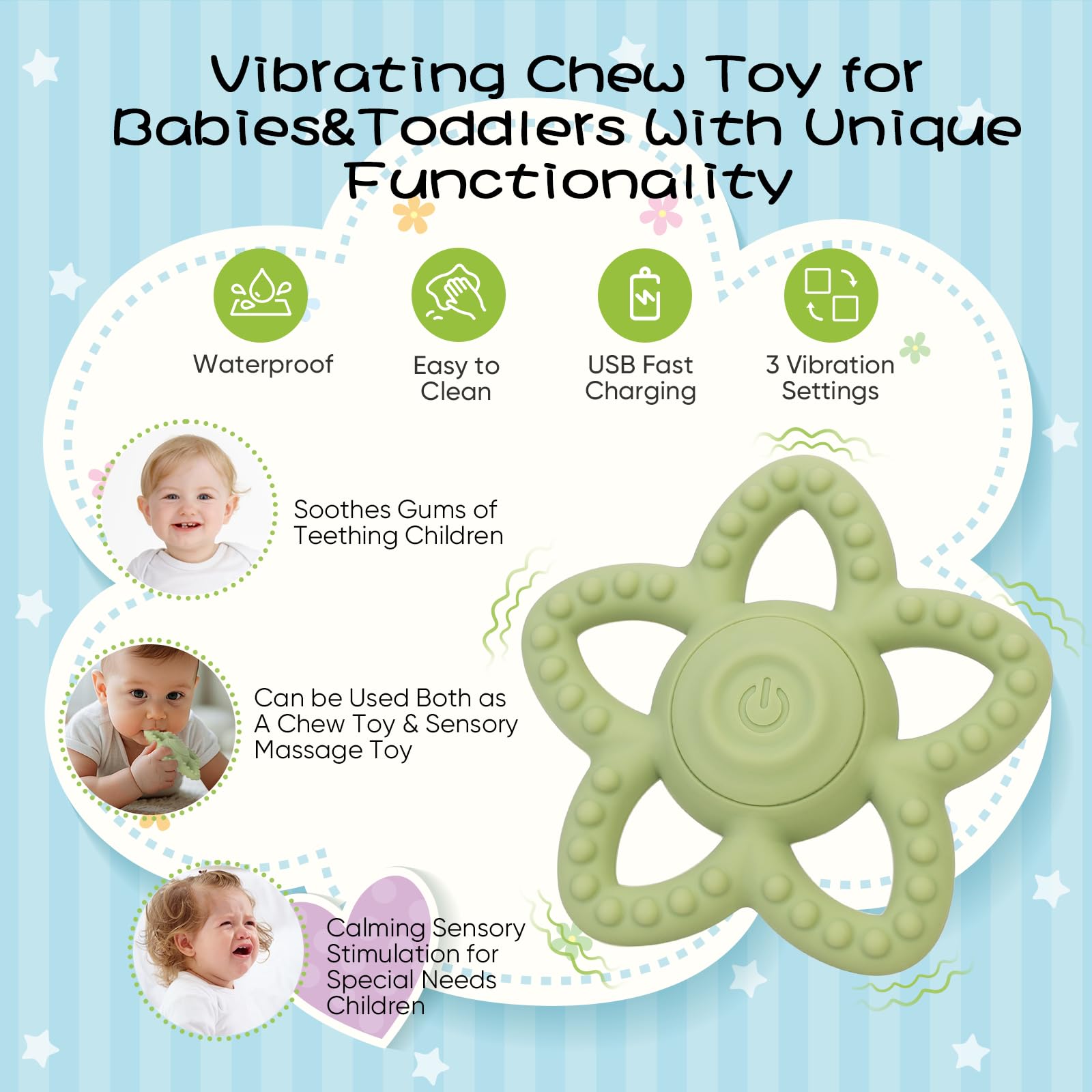 BOBOKA blue vibrating sensory chew toy close-up showing silicone texture for safe chewing.