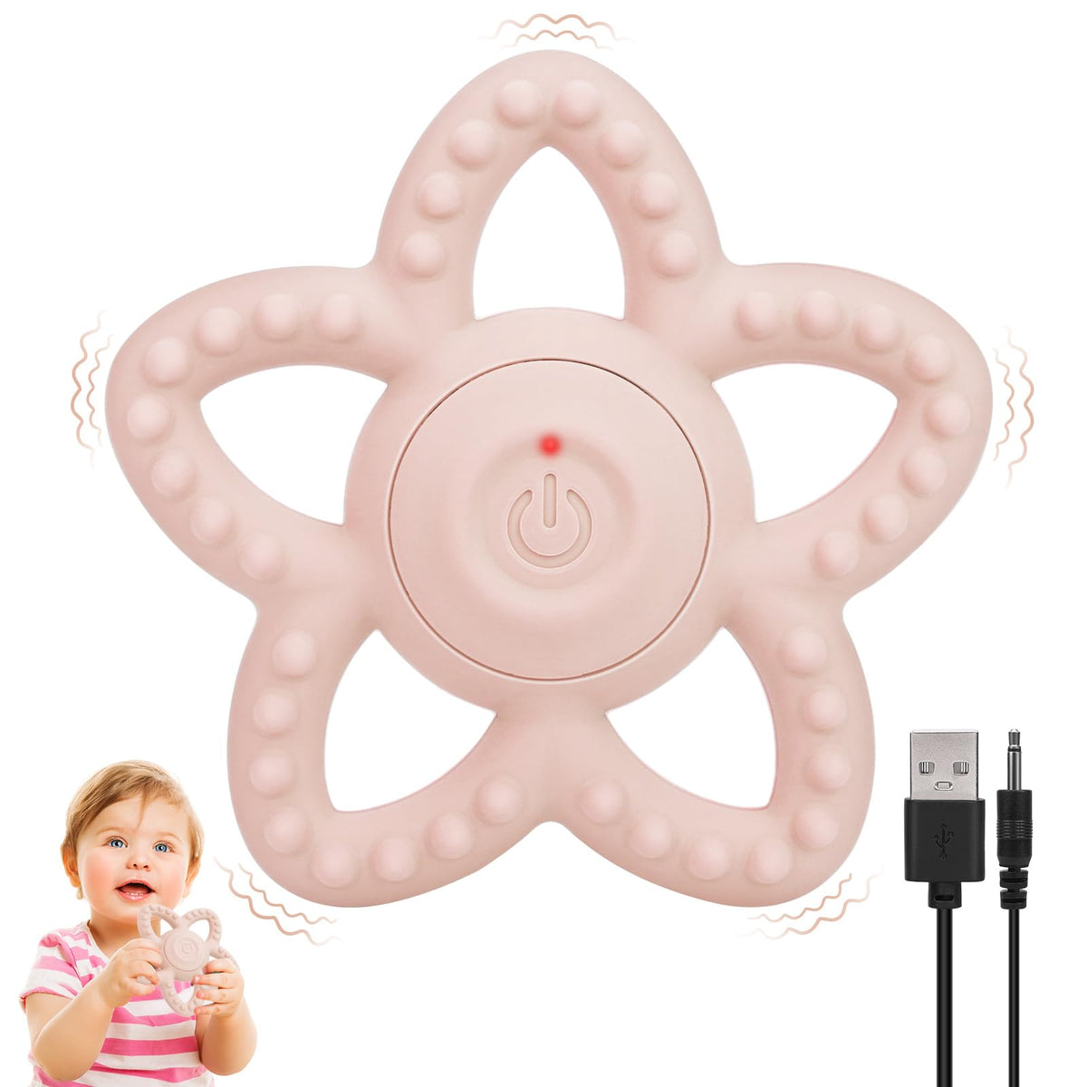 BOBOKA vibrating sensory chew toy pink close-up promotes calming play during teething