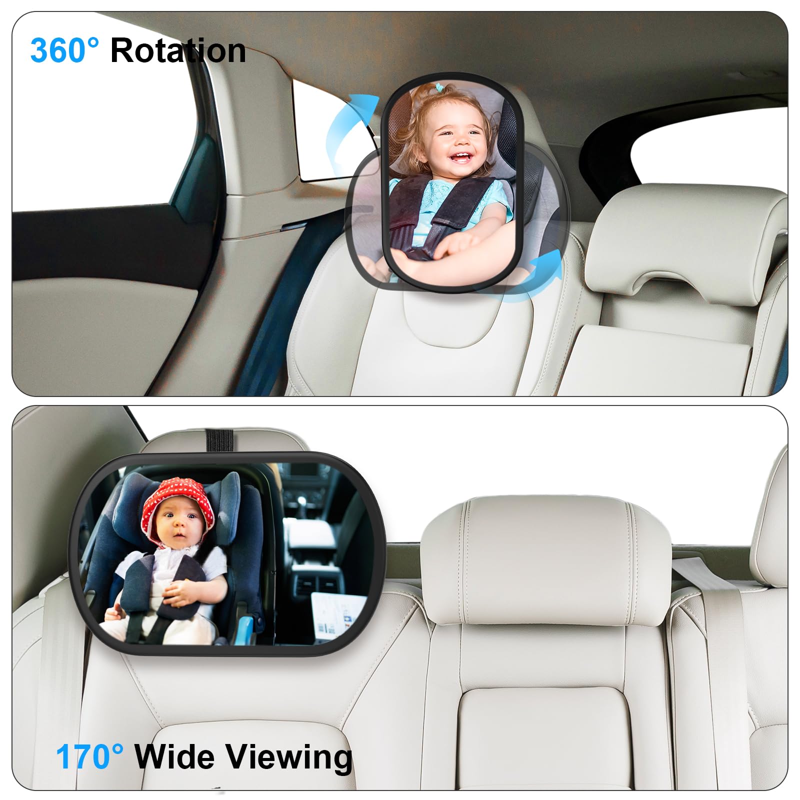 BOEYOS baby car mirror on headrest shows tool-free universal compatibility.