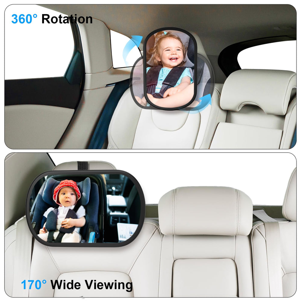 BOEYOS baby car mirror on headrest shows tool-free universal compatibility.