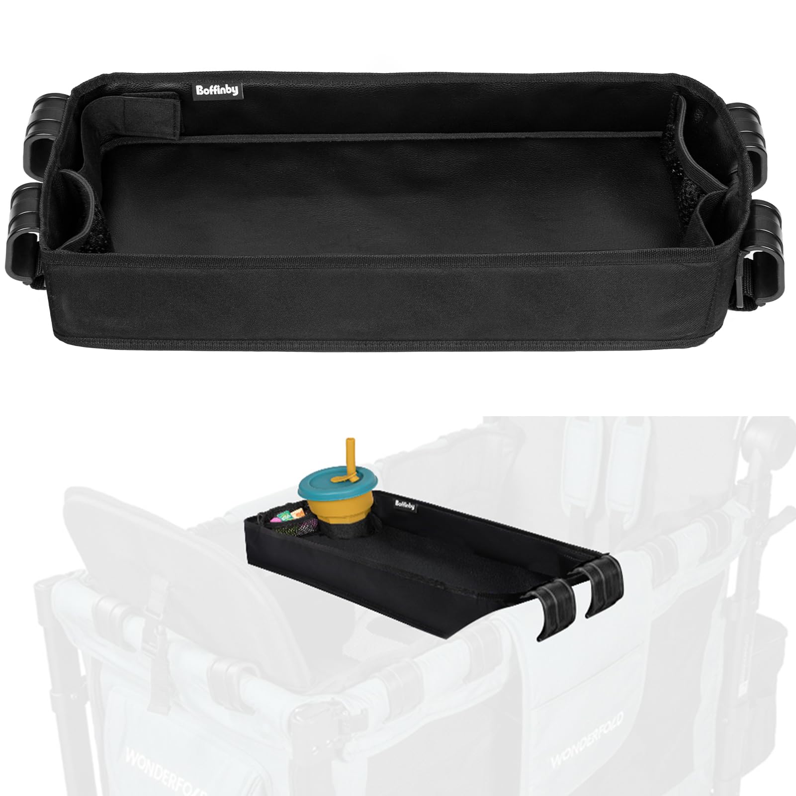 Boffinby double-sided stroller tray front view for snacks on the go