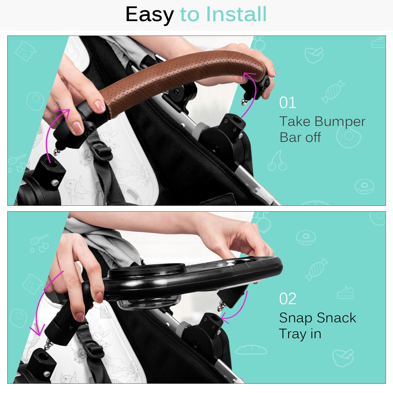 Boffinby snack tray being installed quickly onto Uppababy stroller.