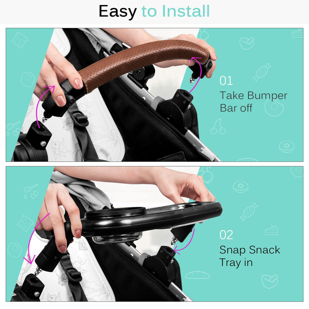 Boffinby snack tray being installed quickly onto Uppababy stroller.