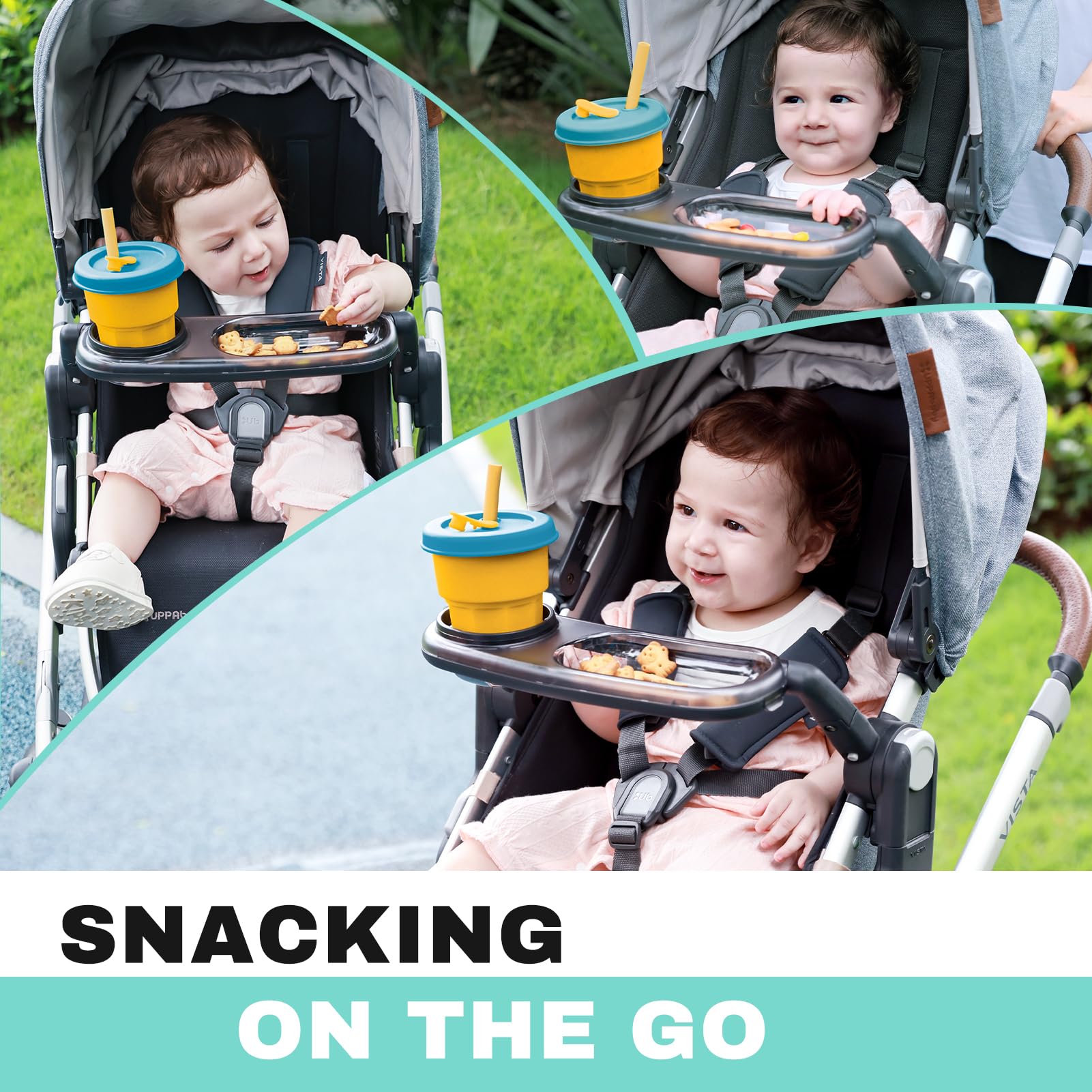 Boffinby snack tray folds with the stroller for storage.