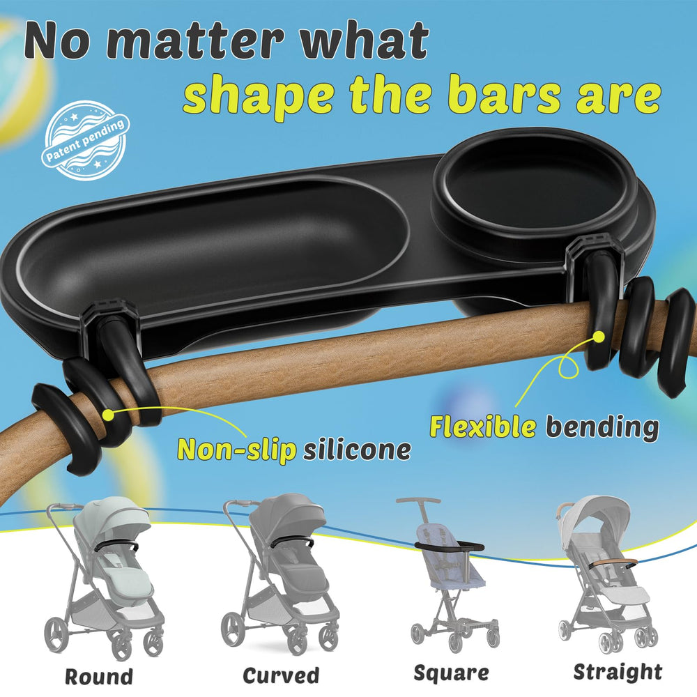Boffinby snack tray non-slip arms show flex and grip on bumper bar.