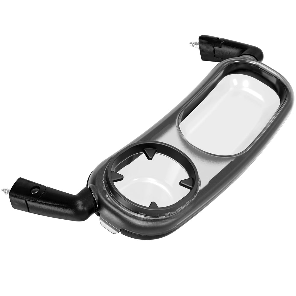 Boffinby snack tray attached to Uppababy stroller for secure compatibility.