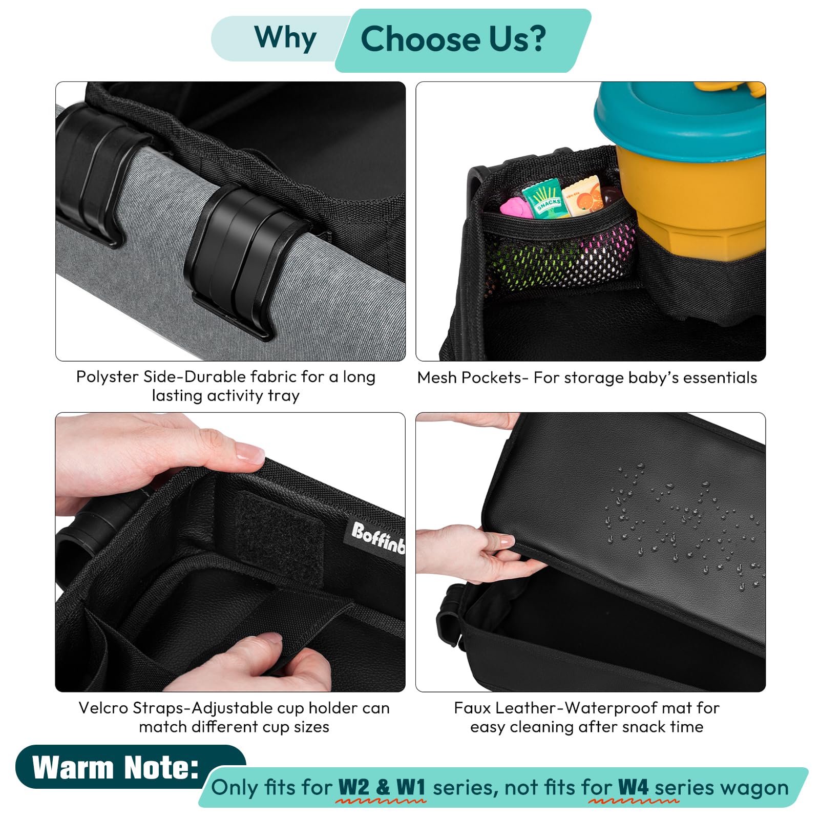 Boffinby tray featuring cup holders and mesh pockets for essentials
