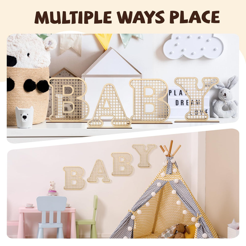 Boho rattan baby letters for baby shower decor to spark conversations.