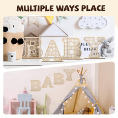 Boho rattan baby letters for baby shower decor to spark conversations.