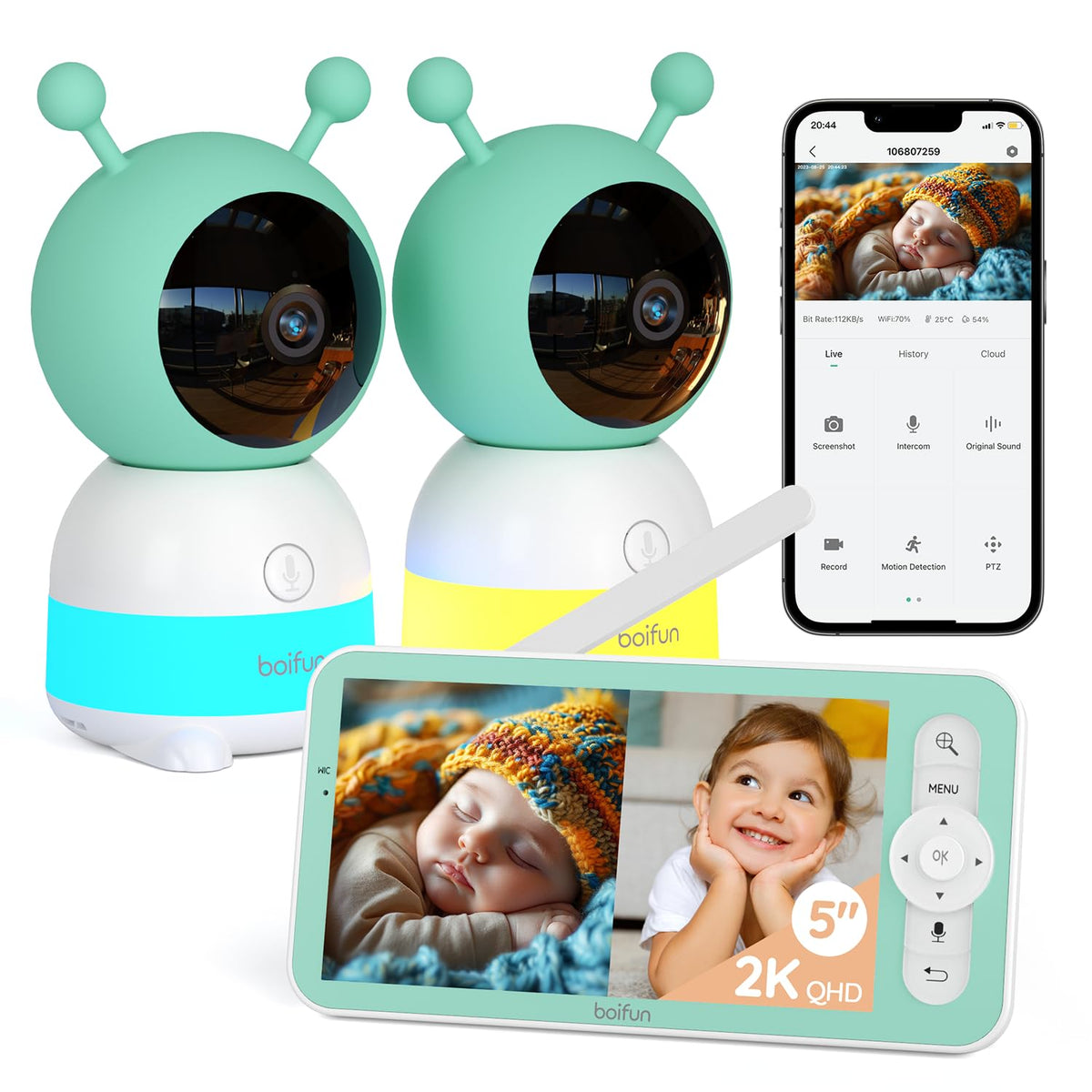 Boifun 2K WiFi baby monitor with dual cameras for clear day and night viewing on one screen.