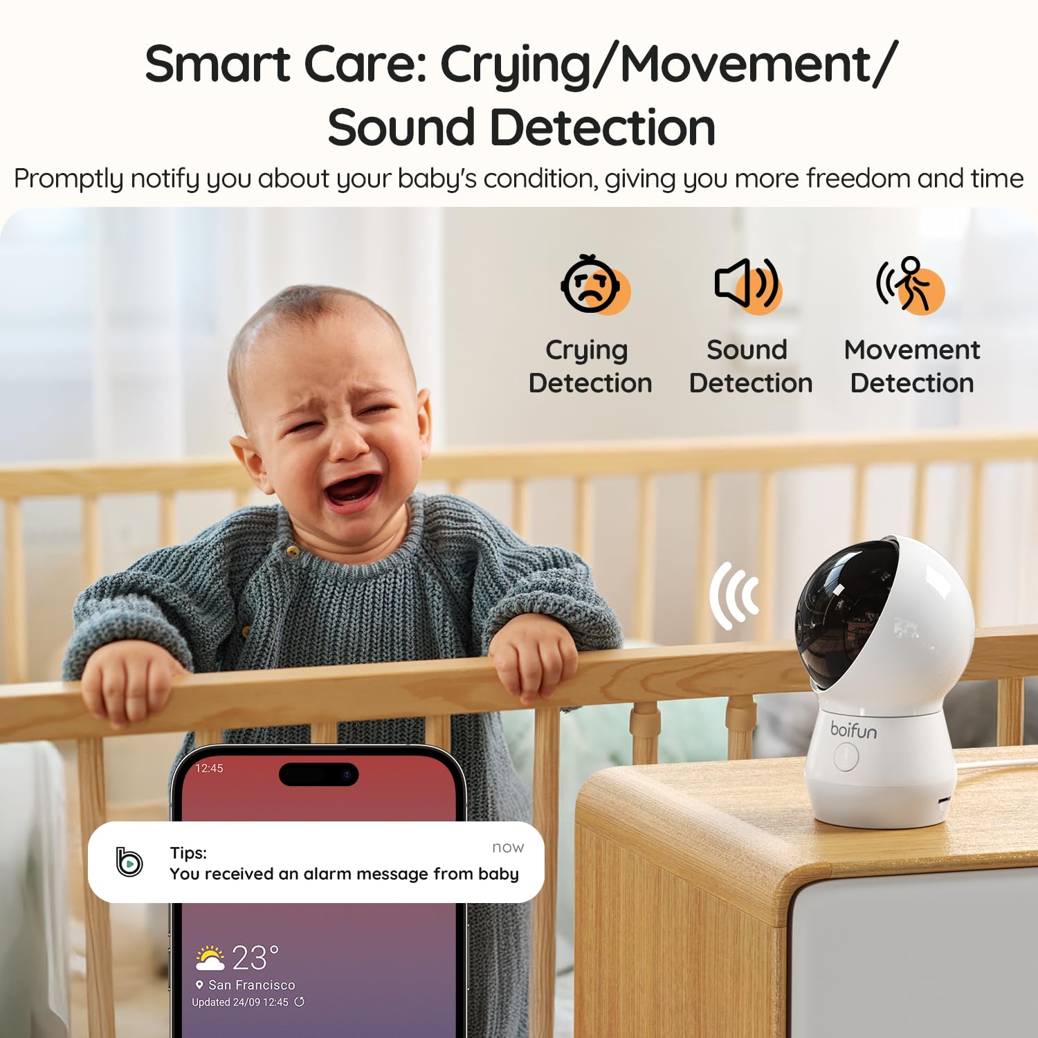 BOIFUN motion and sound alerts keep caregivers informed remotely.