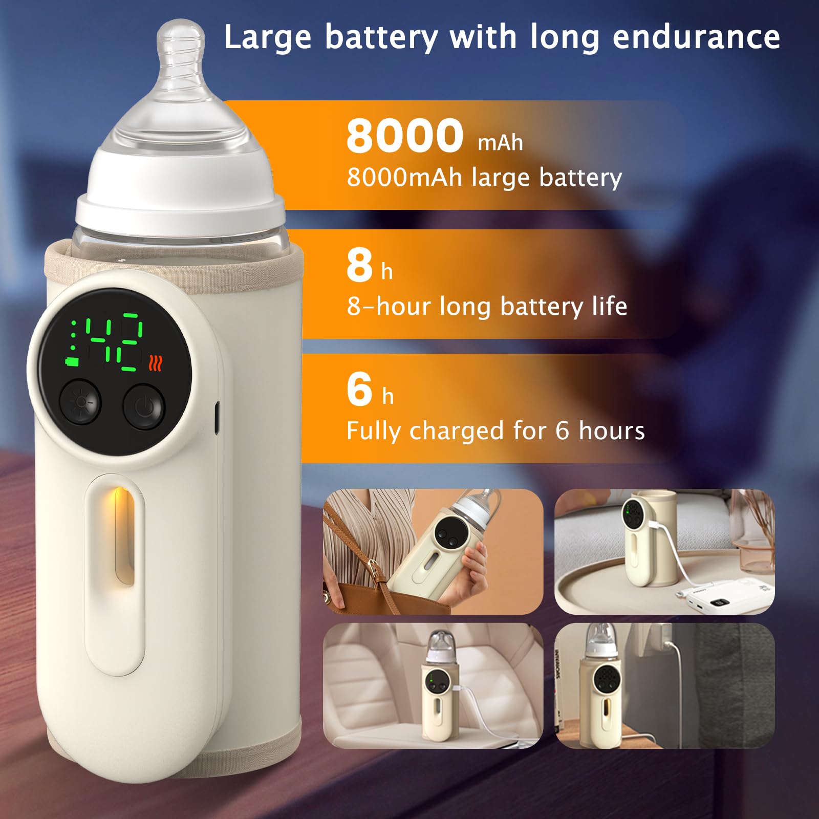 BOKASM bottle warmer 8000mAh battery delivers hours of warmth.