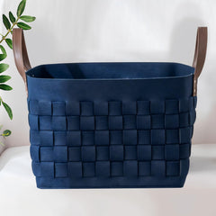 boldmonkey blankets basket 16.5x13x13 navy front view shows spacious blanket storage.