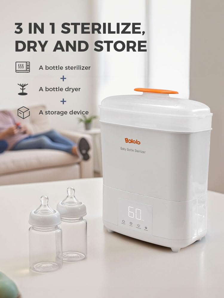 BOLOLO sterilizer with drawer open, easy loading of bottles.