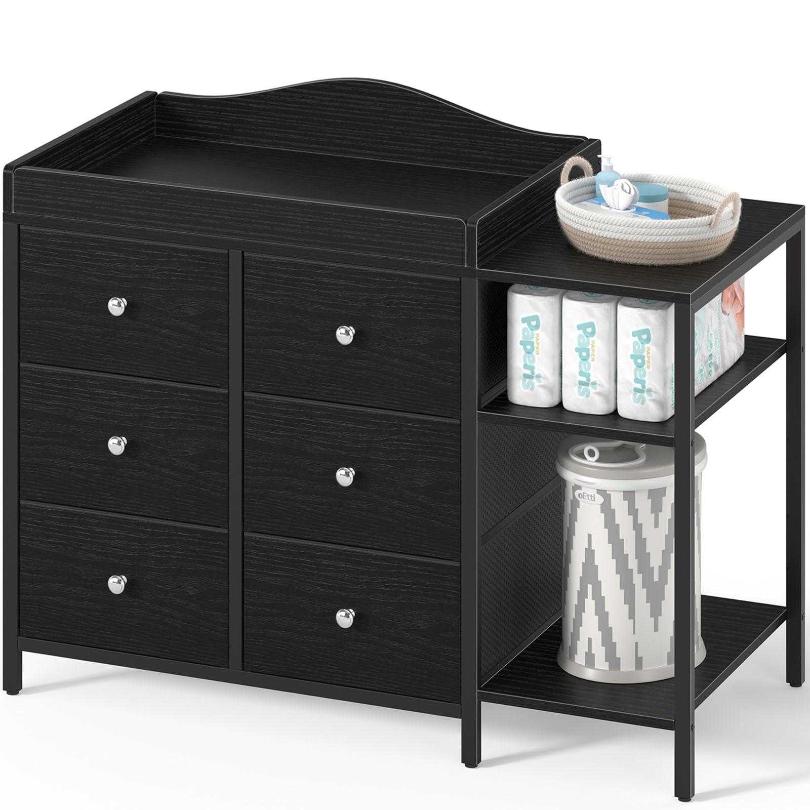 BOLUO baby dresser front view with black finish showing organized nursery storage.