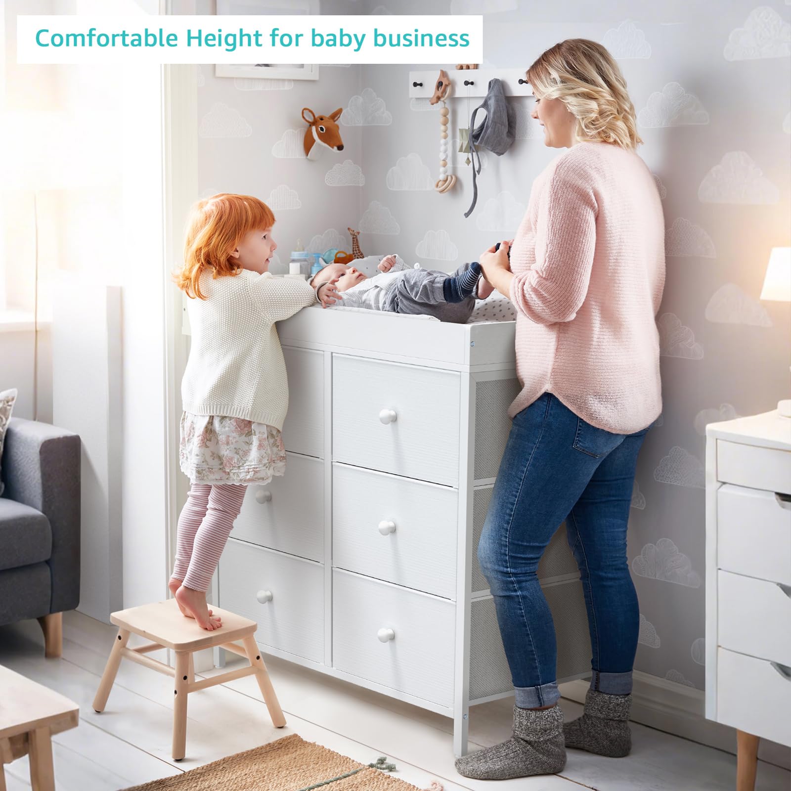 BOLUO Changing Table Dresser in bedroom scene shows versatile nursery organization.