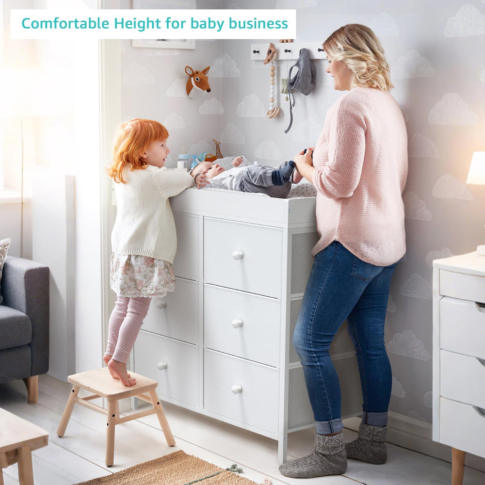 BOLUO Changing Table Dresser in bedroom scene shows versatile nursery organization.