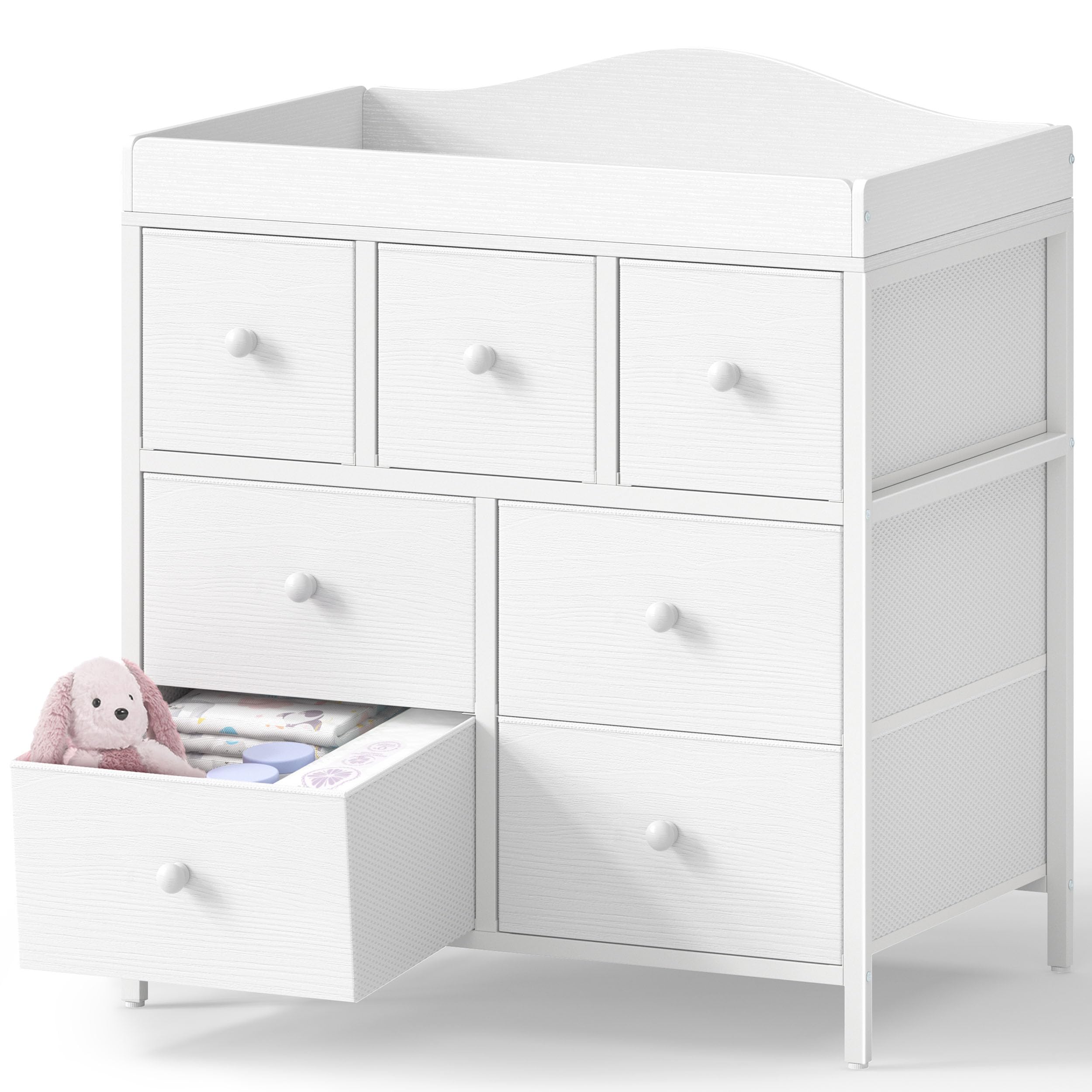 BOLUO changing-table-dresser top features a wide surface for comfortable diaper changes.