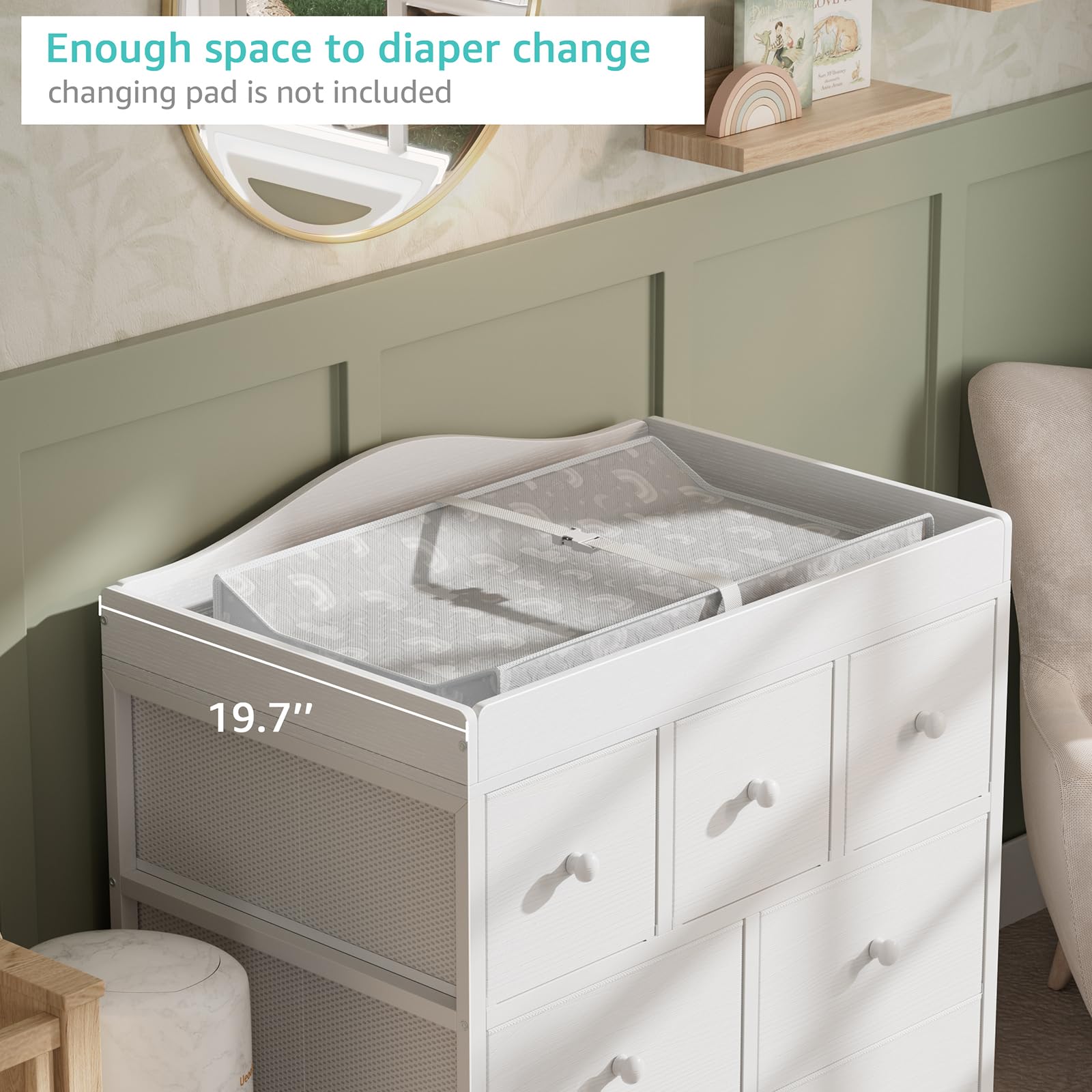 BOLUO changing-top space shows large area for quick diaper duties.