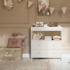 BOLUO dresser with four fabric drawers and open shelf for organized storage