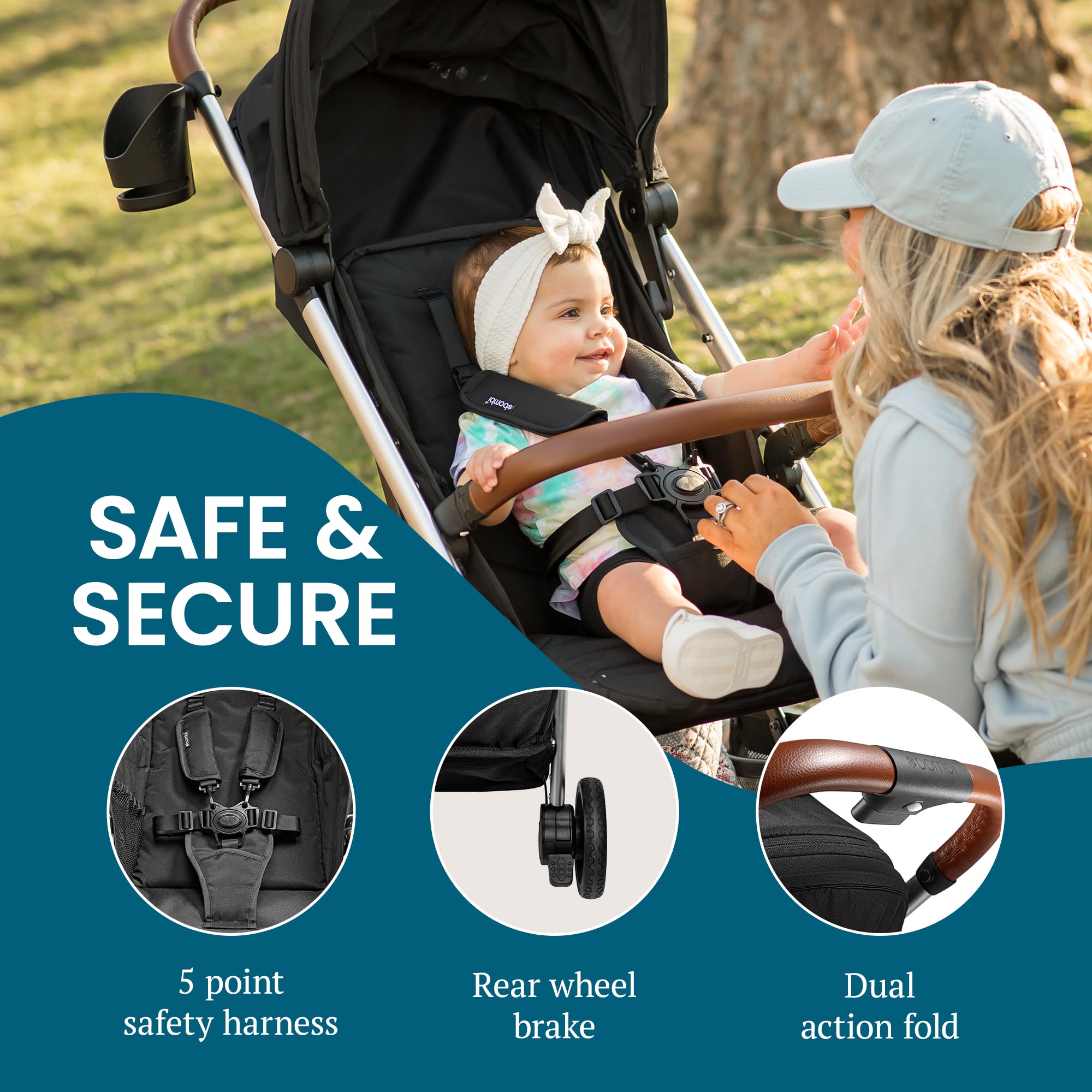 Bombi Bēbee V2 no-rethread harness grows with your child.