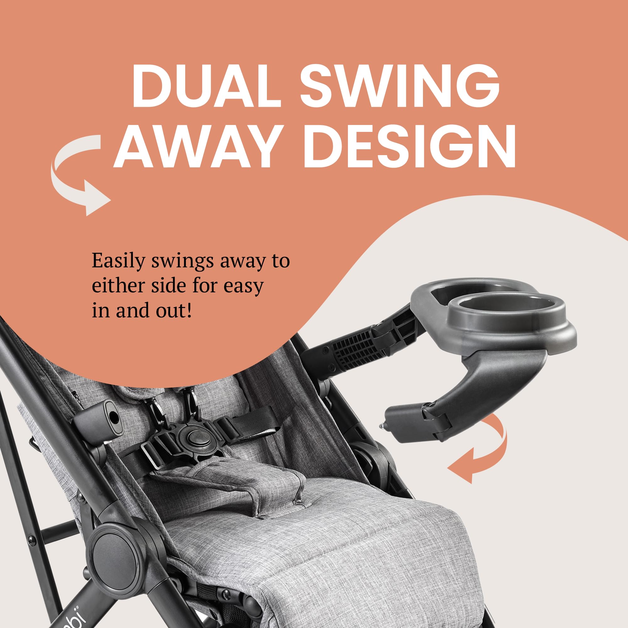 Bombi dual-compartments tray highlights separate snack area and cup holder for mess-free meals.