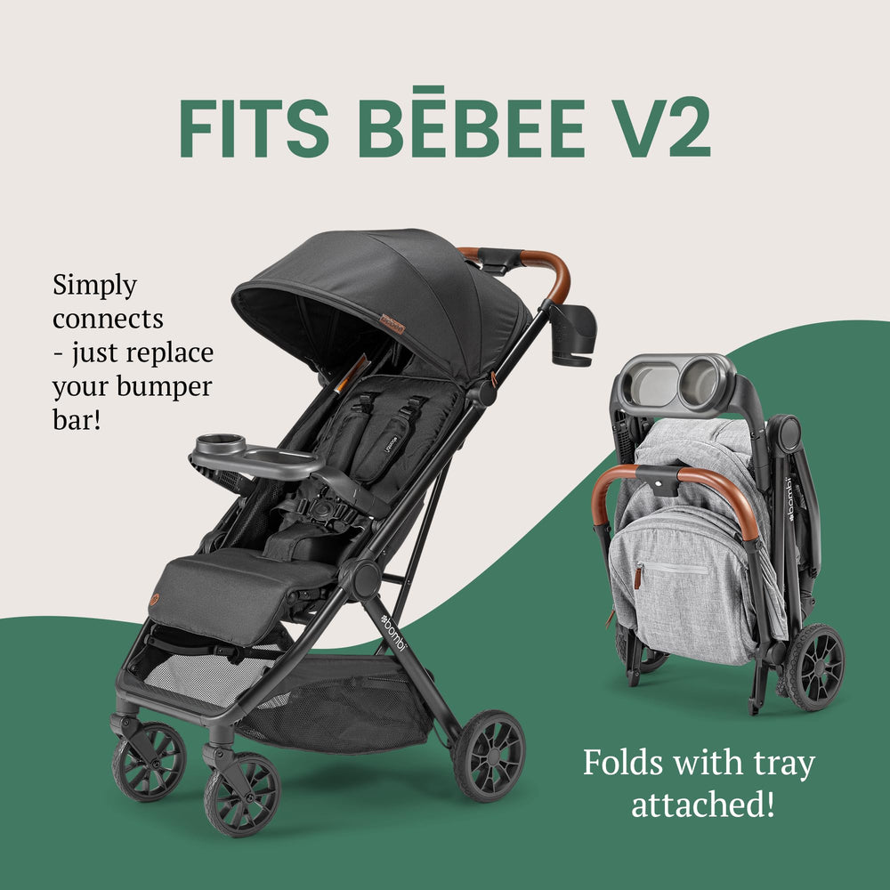 Bombi snack tray V2 compatibility demonstrates seamless stroller attachment.