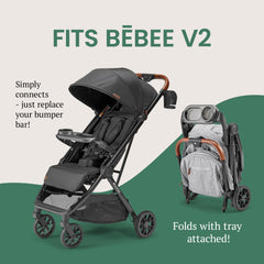 Bombi snack tray V2 compatibility demonstrates seamless stroller attachment.