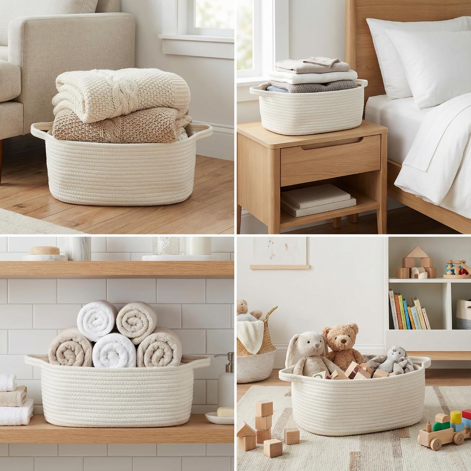 BOMINICA cotton rope storage basket handles detail highlights easy transport between rooms.