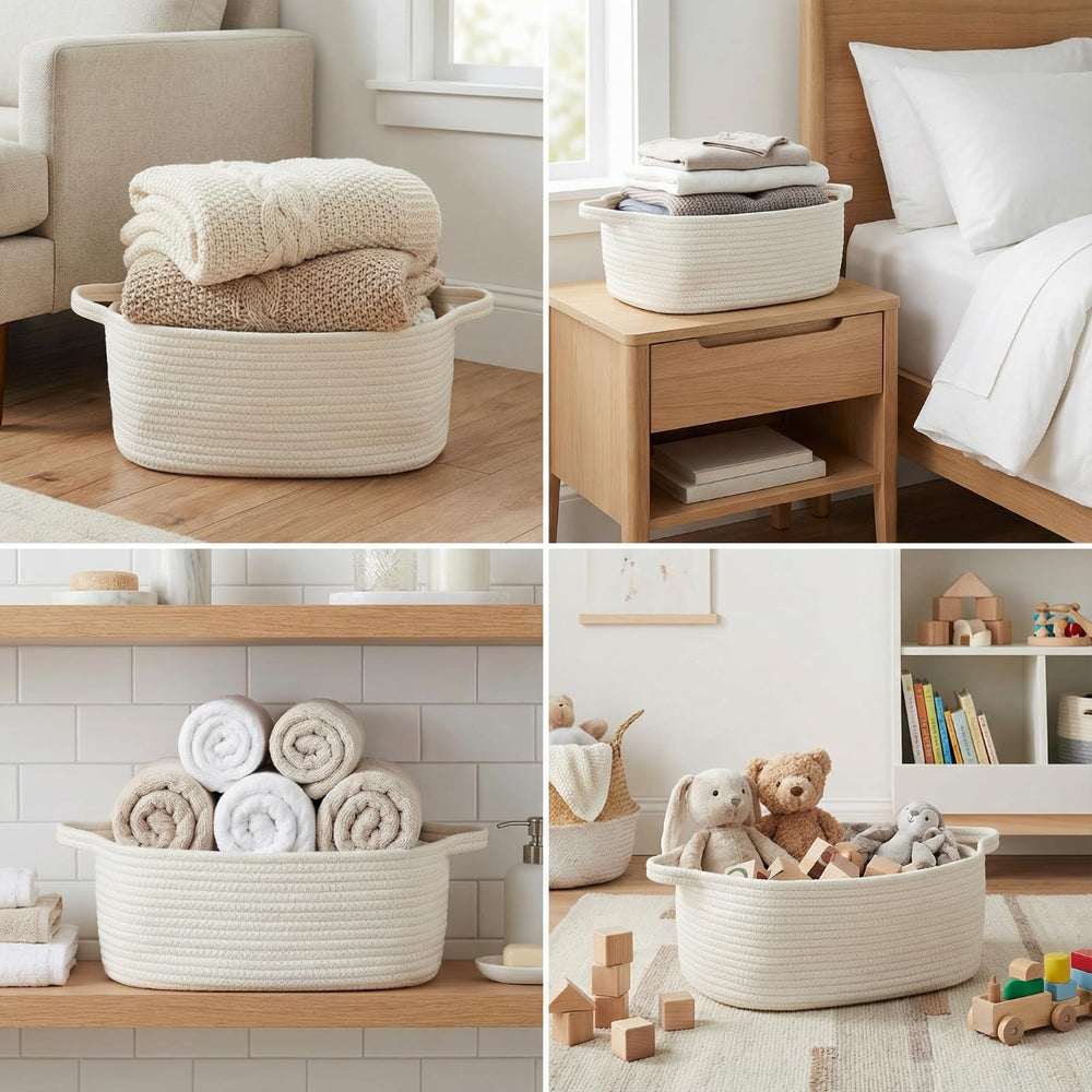 BOMINICA cotton rope storage basket handles detail highlights easy transport between rooms.