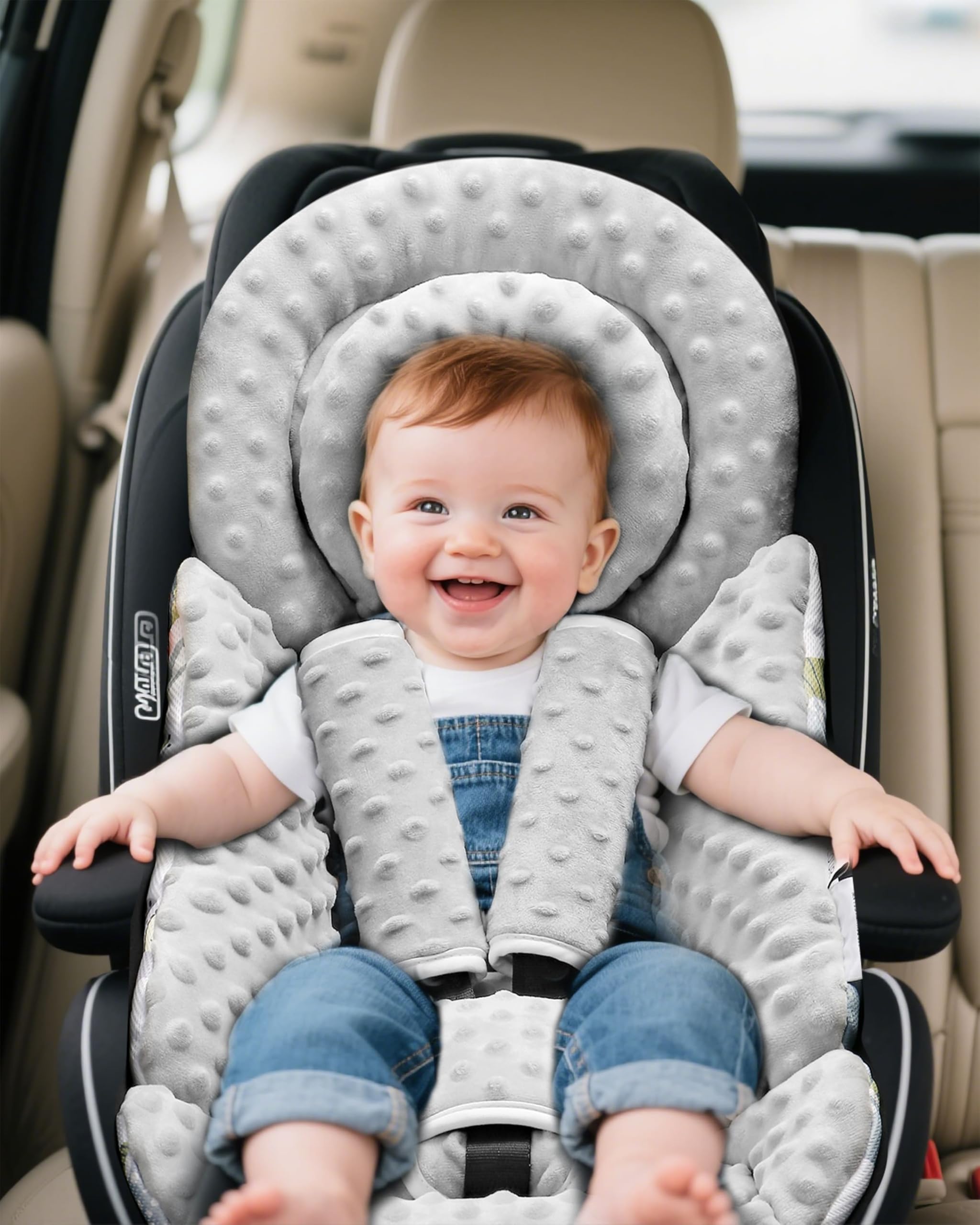BOMOLOUR infant seat insert five anchor points shows universal fit across brands for secure installation.