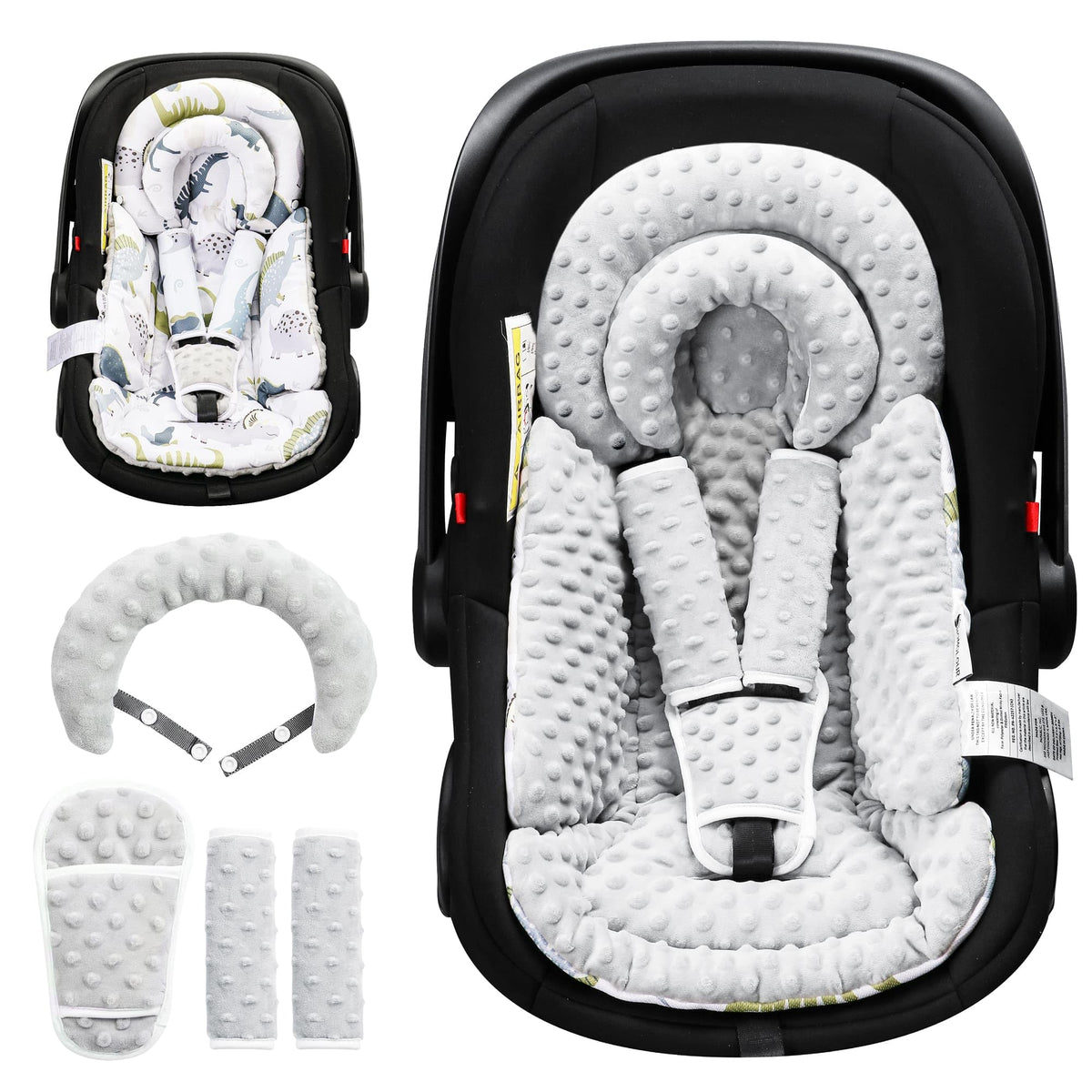 BOMOLOUR infant seat insert head support highlights secure newborn positioning during car rides.