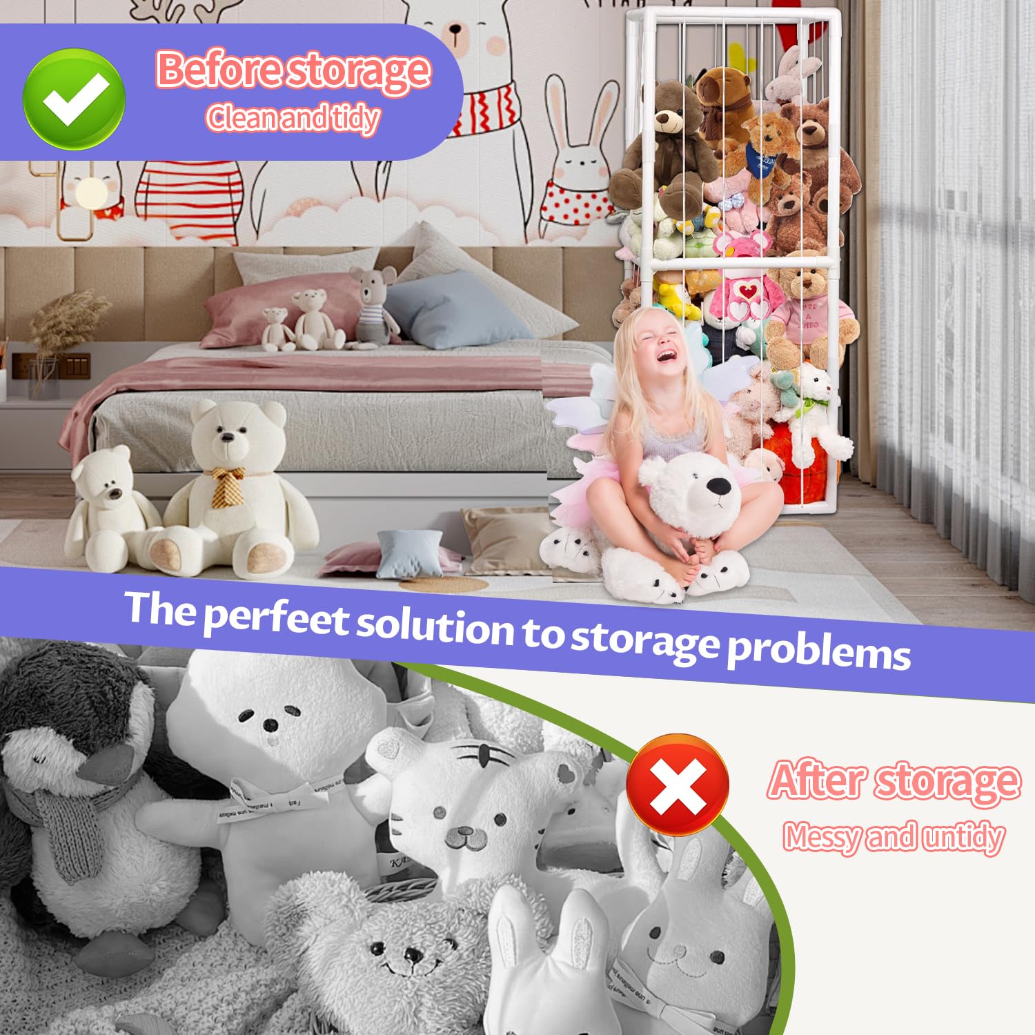 BomSaluka plush toy display case in use for tidy, kid-friendly storage.