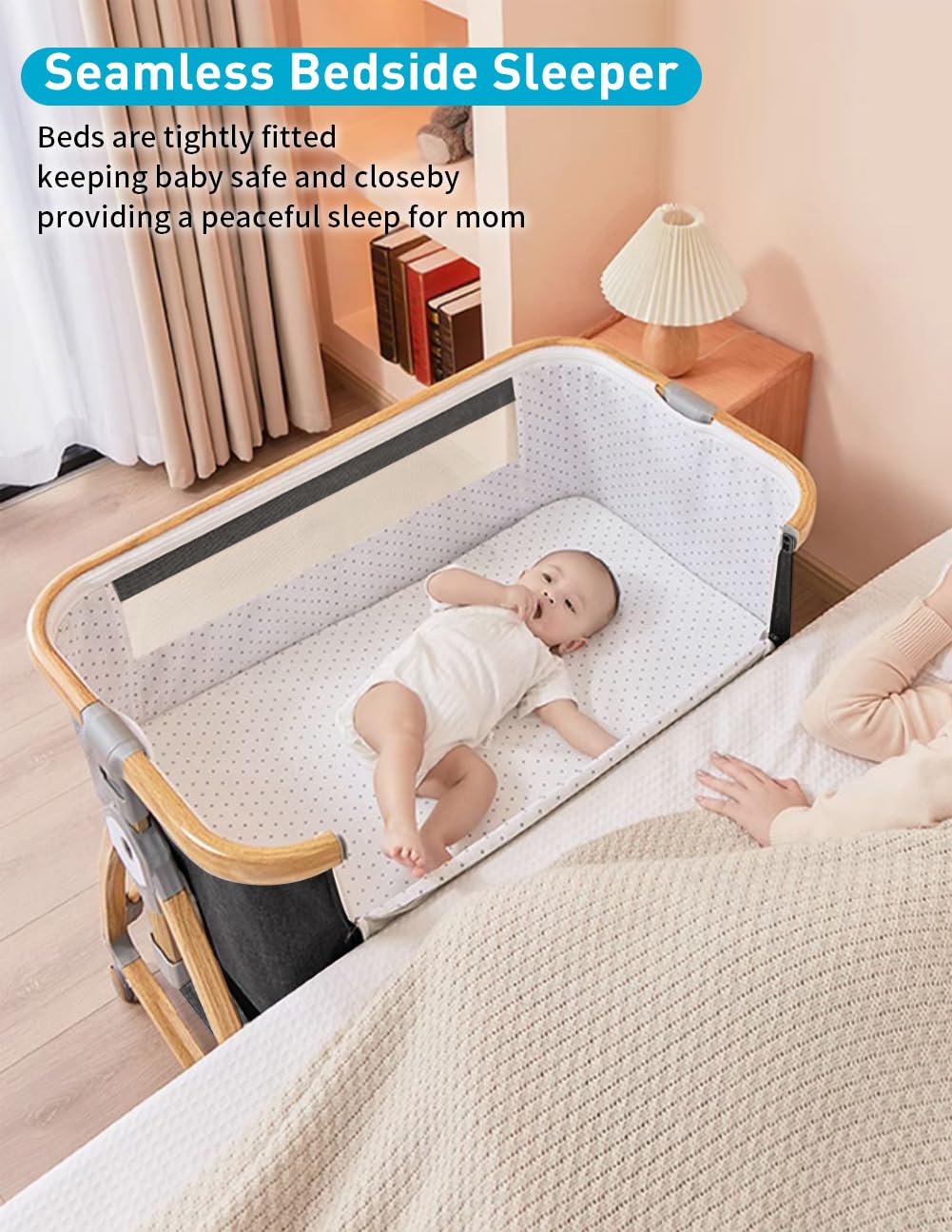bonbay baby bassinet bedside sleeper shown beside an adult bed for easy night feeds
