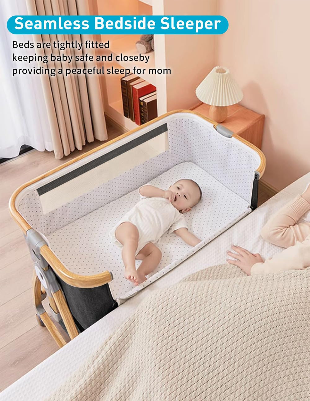 bonbay baby bassinet bedside sleeper shown beside an adult bed for easy night feeds