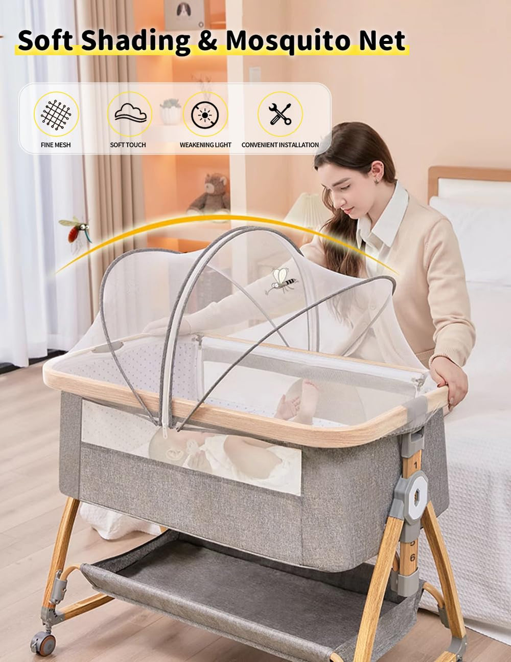 Bonbay baby bassinet wheels with locks provide portable and secure mobility.