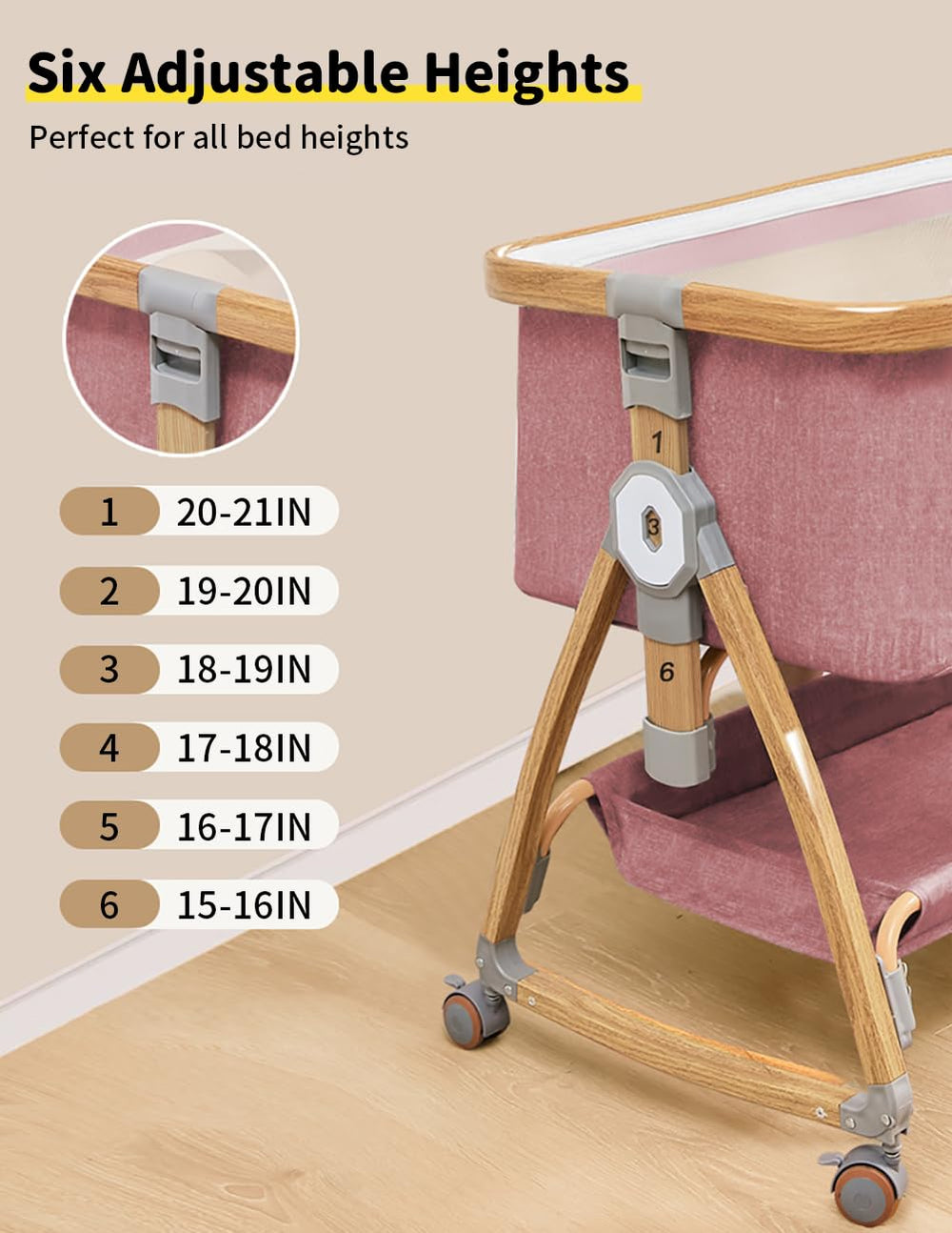 Bonbay bassinet with 6-height adjustment for perfect bed compatibility.