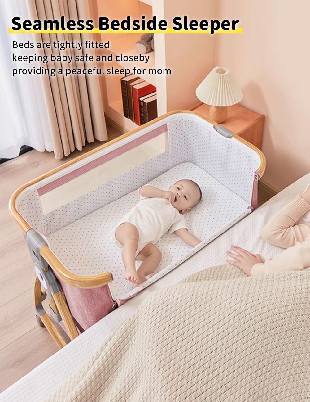 Bonbay bedside sleeper attached to bed enables parent-sleeper proximity.