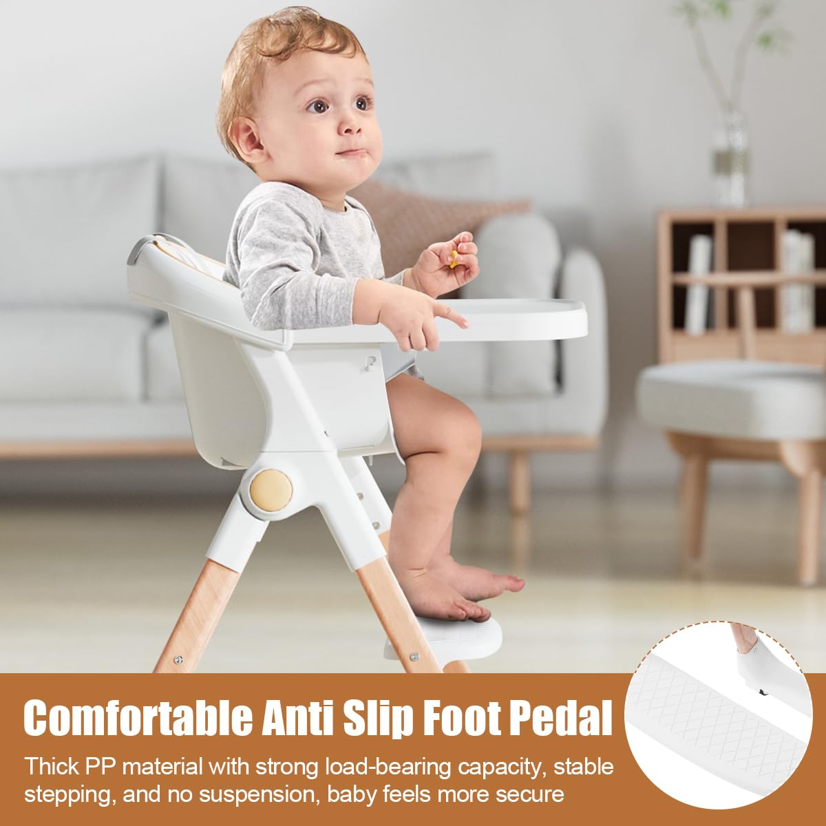 BONBAY high chair pyramid base provides sturdy support during meals.