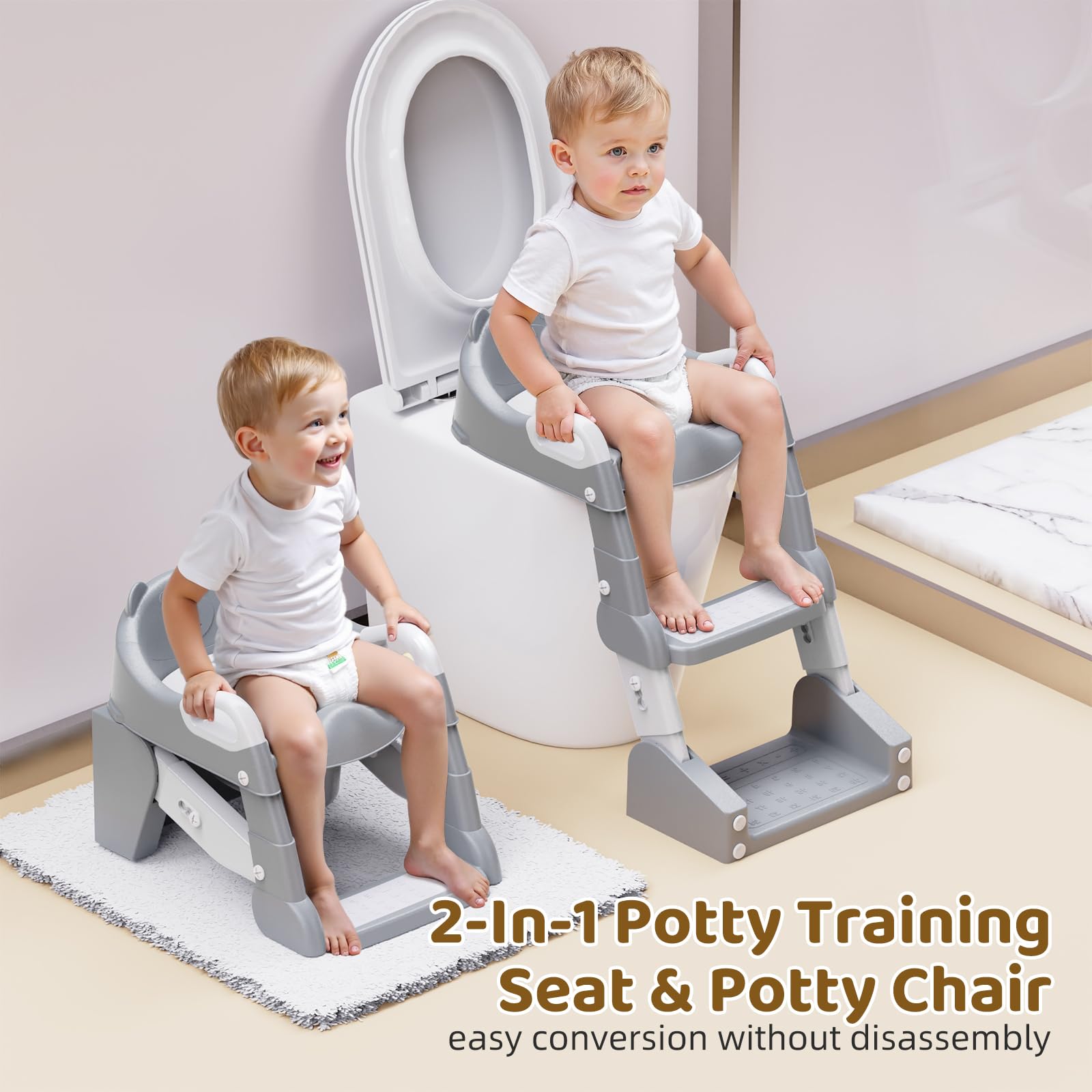 Bonbay potty seat with step stool ladder for independent bathroom routine.