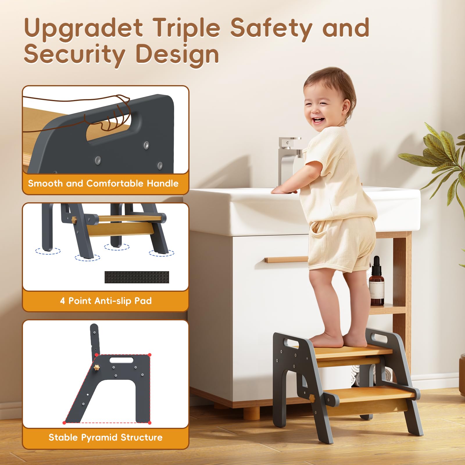 Bonbay Toddler Step Stool navy blue in kitchen use demonstrates easy reach for sink tasks.