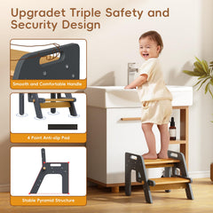 Bonbay Toddler Step Stool navy blue in kitchen use demonstrates easy reach for sink tasks.